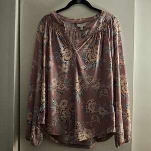 Coral Bay Women's Pink, Blue, And Yellow Floral Blouse with Long Sleeves